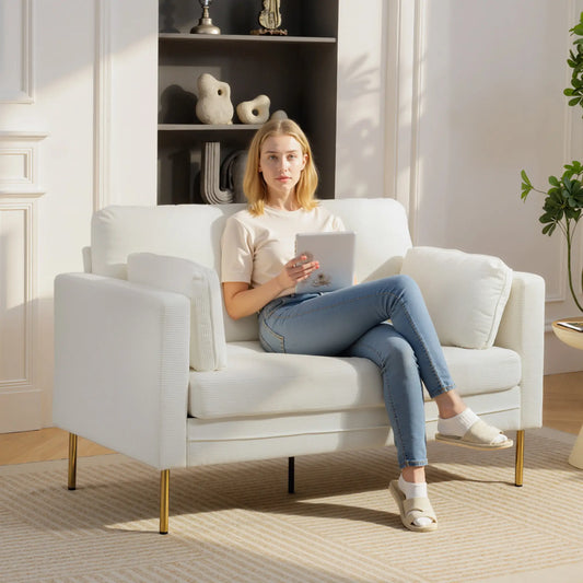 55" Loveseat Sofa, Metal Legs, 2 Pillows, Cream White 2-Seater Sofas Cream at Gallery Canada