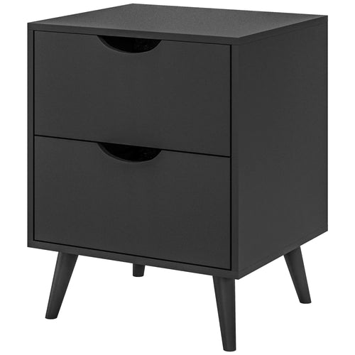 Modern Bedside Table, Nightstand with 2 Drawers, Pine Wood Legs, Black