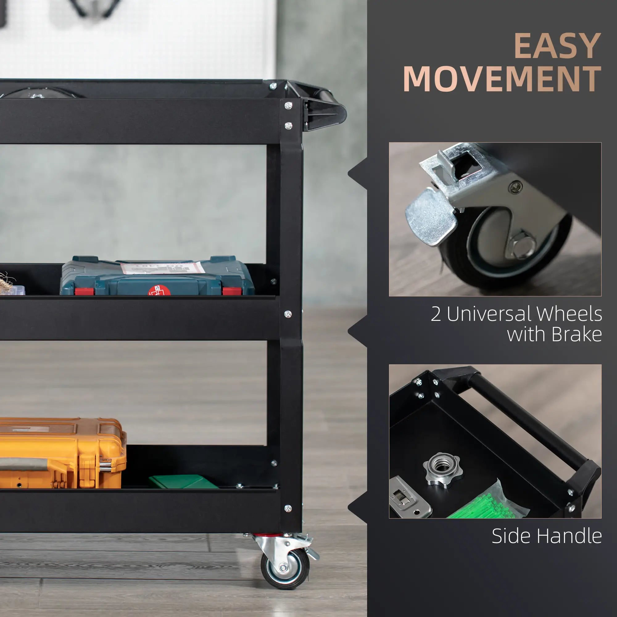 3 Tier Rolling Tool Cart, 330 LBS Capacity, Heavy Duty, Black Tool Organizers at Gallery Canada