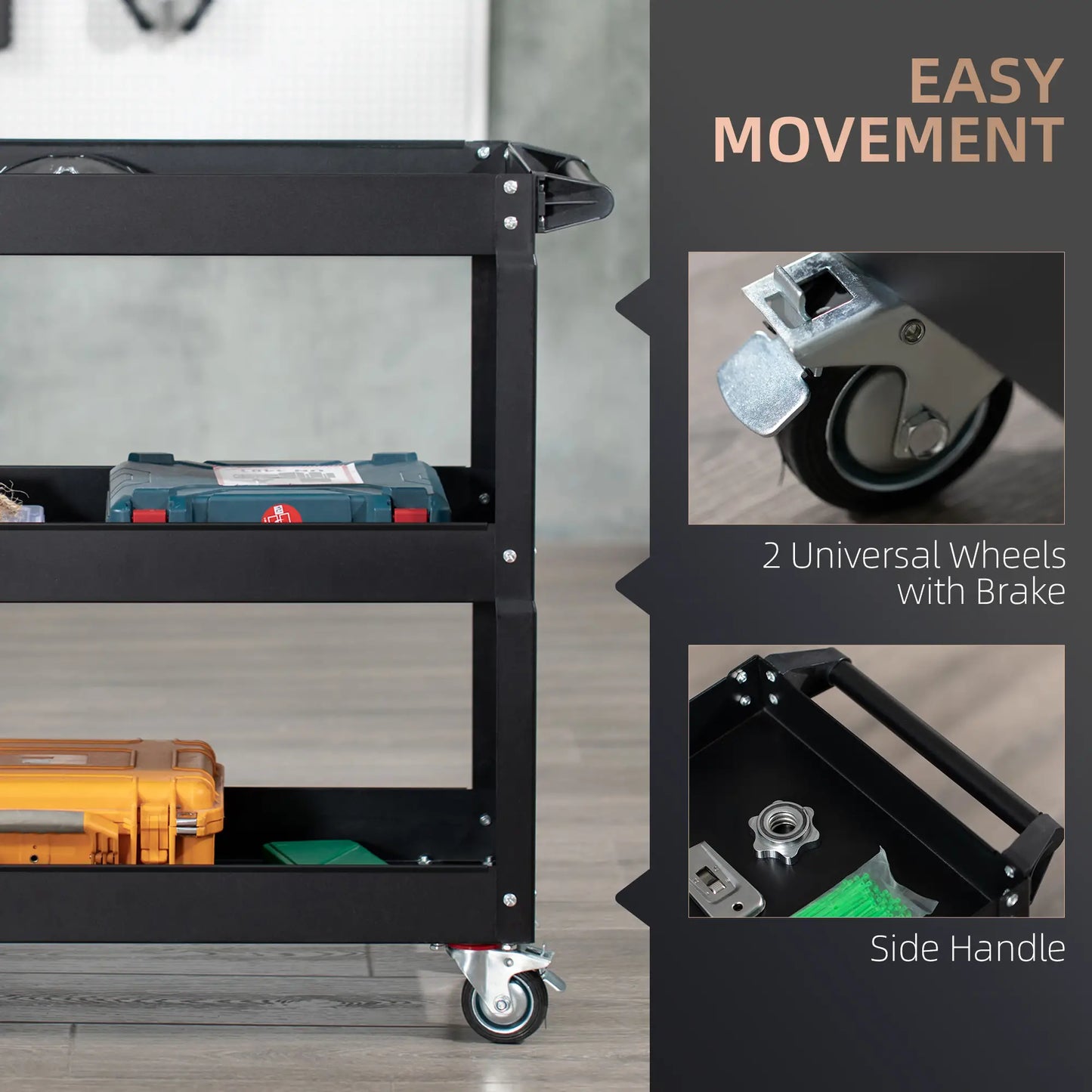3 Tier Rolling Tool Cart, 330 LBS Capacity, Heavy Duty, Black Tool Organizers at Gallery Canada