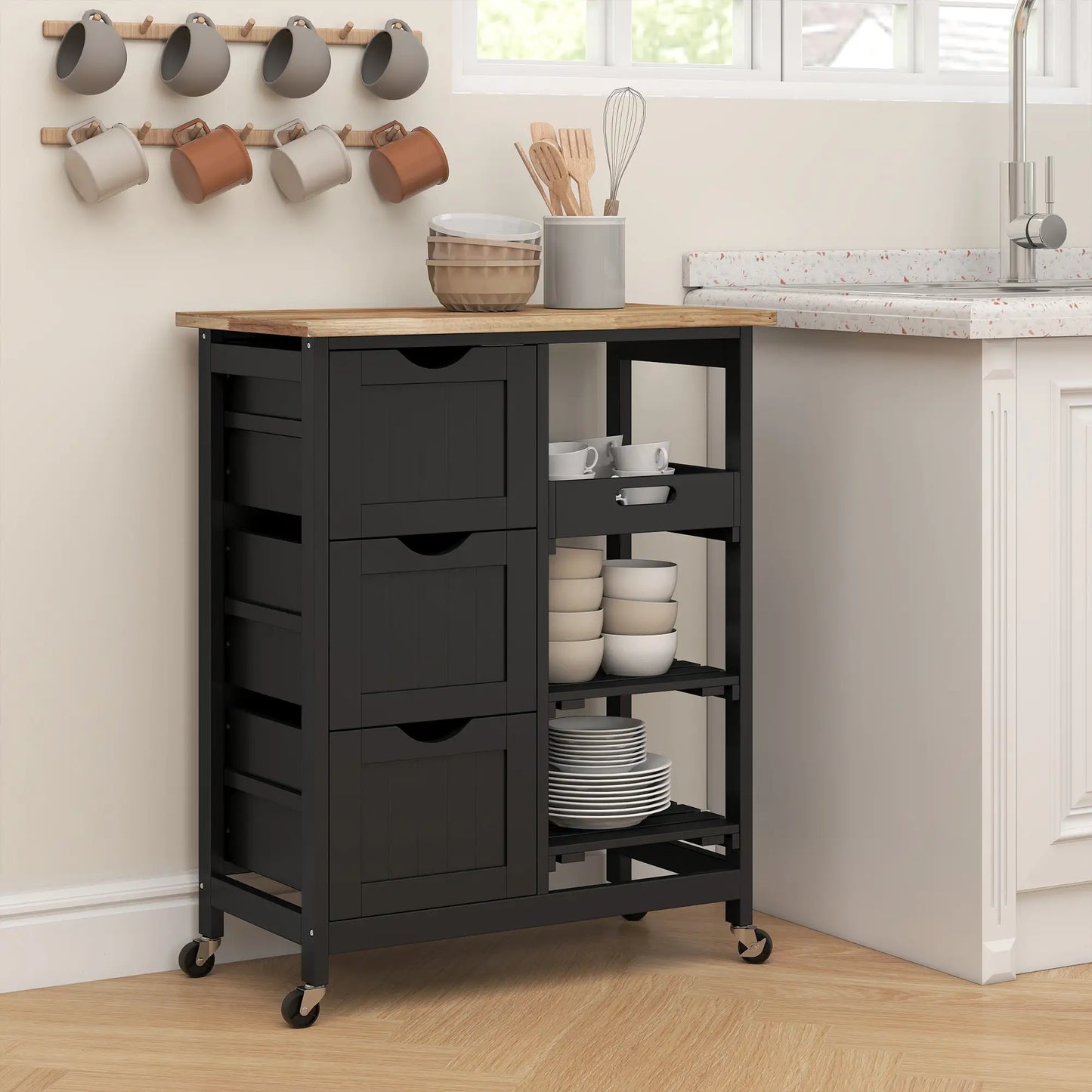Kitchen Cart on Wheels, Wood Top, 3 Drawers, Shelves, Black Kitchen Islands & Kitchen Carts at Gallery Canada