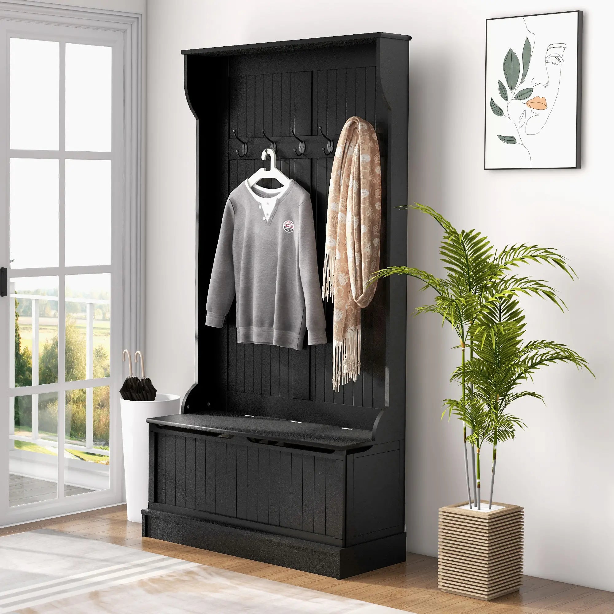 3-In-1 Hall Tree w/ Coat Rack, Shoe Storage and Bench Seat, Entryway Bench w/ 4 Hooks for Hallway, Living Room, Black Clothing Storage at Gallery Canada