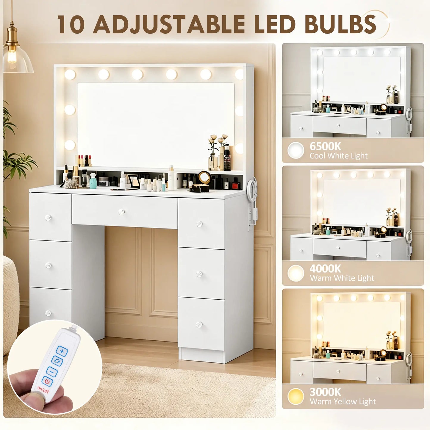 Vanity Desk with 10 Dimmable LED Lights, Mirror Dressing Table with 7 Drawers and Charging Station, White