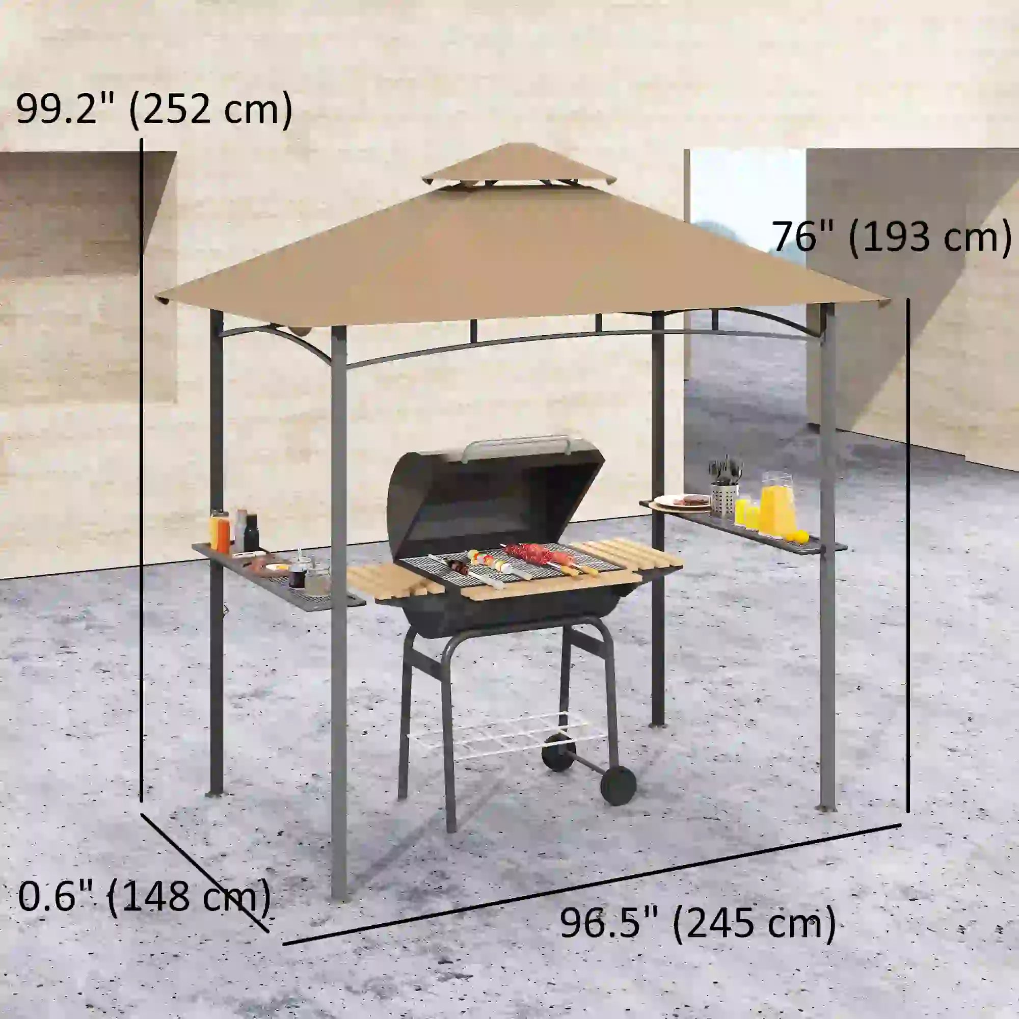 8' x 5' BBQ Grill Gazebo Tent, Double Tiered Canopy, Outdoor Sun Shade, Khaki BBQ Grill Gazebos at Gallery Canada