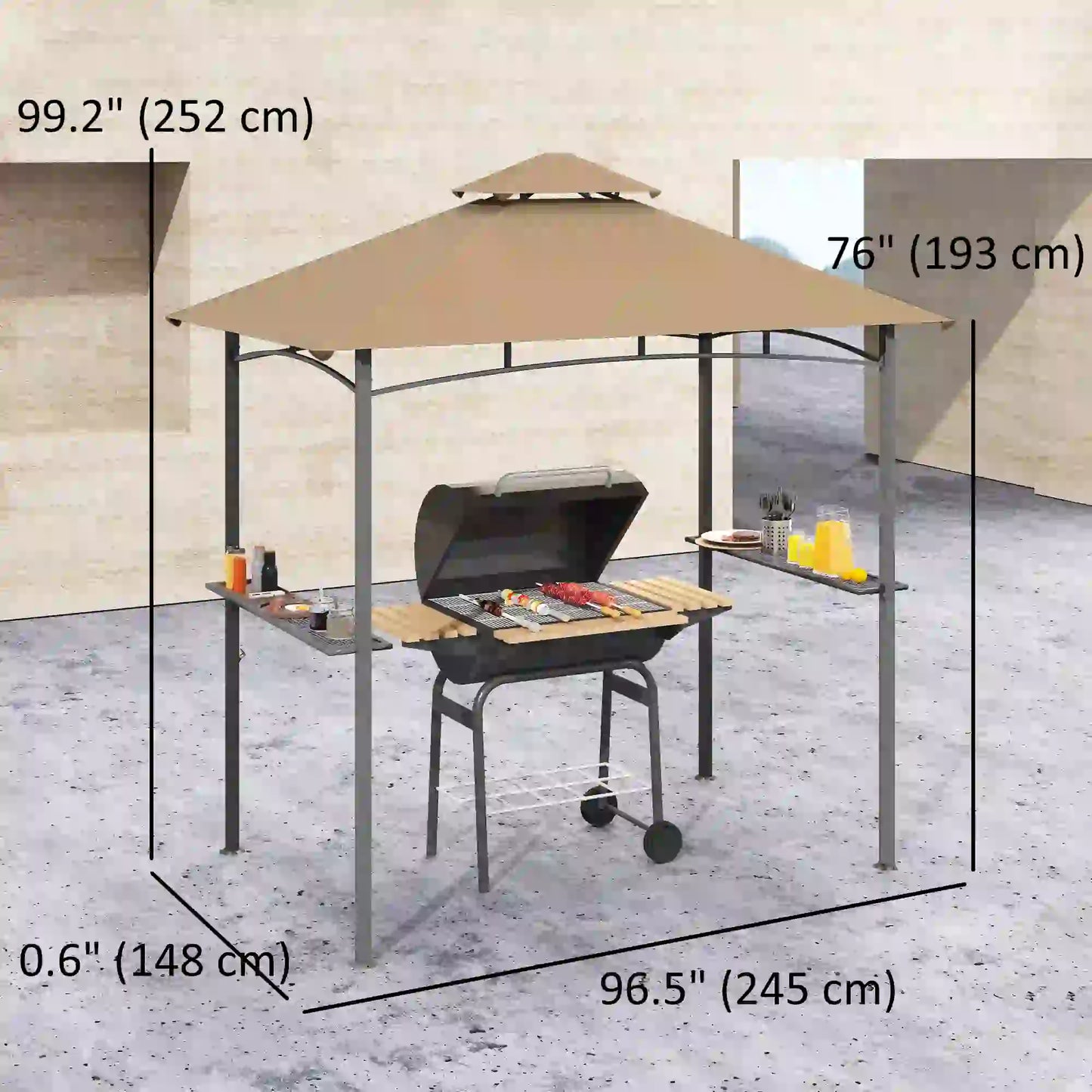 8' x 5' BBQ Grill Gazebo Tent, Double Tiered Canopy, Outdoor Sun Shade, Khaki BBQ Grill Gazebos at Gallery Canada