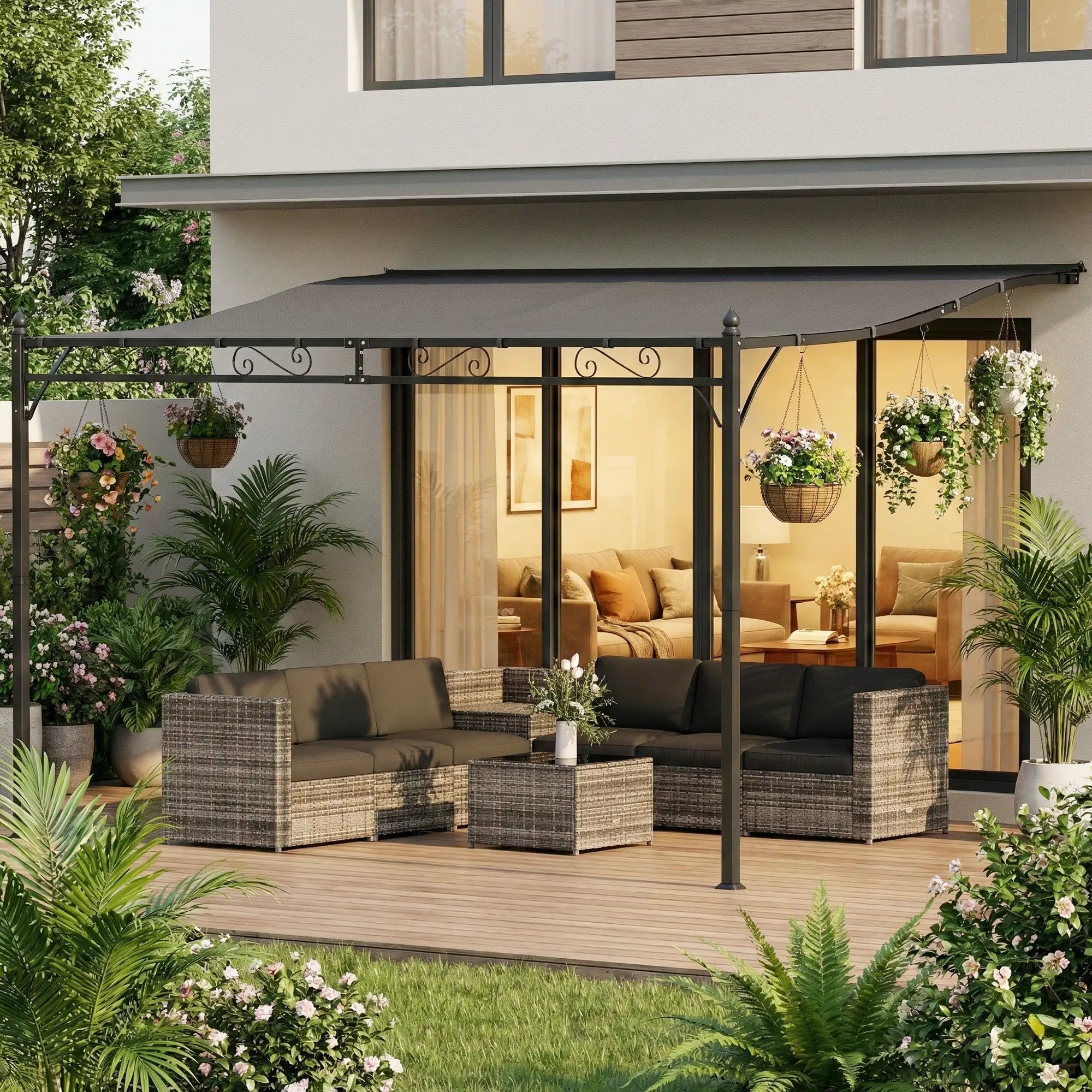 Outdoor Pergola, 11.5' x 8.2' Wall Mounted, Metal Frame, UPF30+, Garden Gazebo Pergolas at Gallery Canada