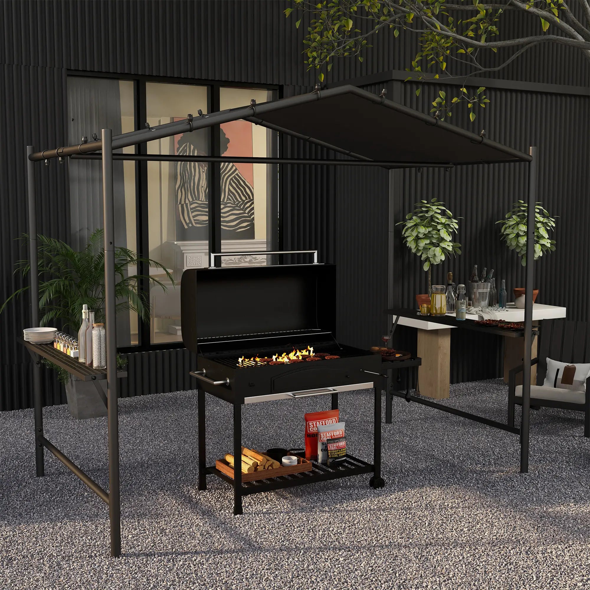 9' x 5' BBQ Grill Gazebo Tent, Steel Frame With Serving Shelves, Dark Grey BBQ Grill Gazebos at Gallery Canada