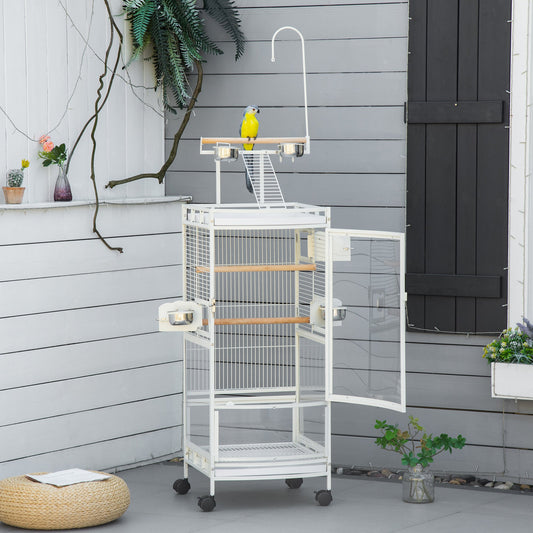 54 Inch Bird Cage for Finches, Budgies, Cockatiels, Parrot Cage with Wheels, Bird Feeder Stand, Pull Out Tray, White - Gallery Canada
