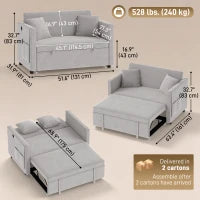 52" Grey Velvet Sofa Bed, Pull Out Sleeper with USB Ports, Grey