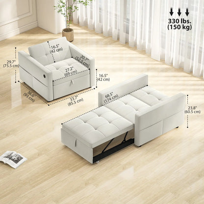 Convertible Chair Bed, Pull Out Sleeper with USB, Adjustable Backrest, Velvet Futon, Cream White Single Sofas at Gallery Canada
