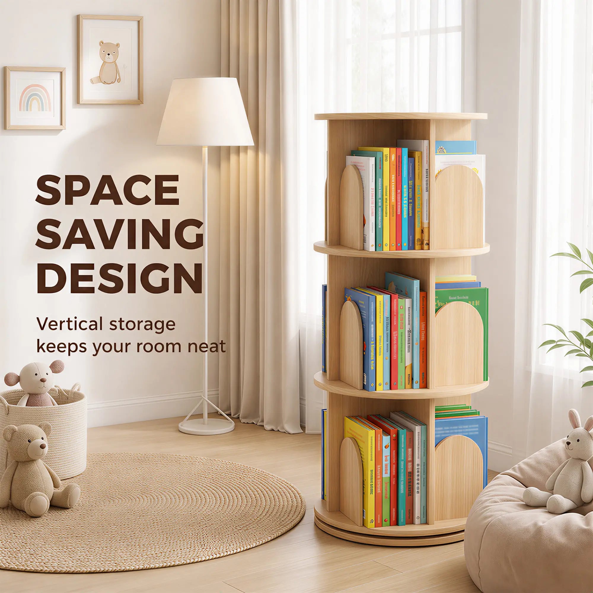 3-Tier Rotating Bookshelf, 360° Revolving Bookcase, Natural Baby & Kids Storage at Gallery Canada