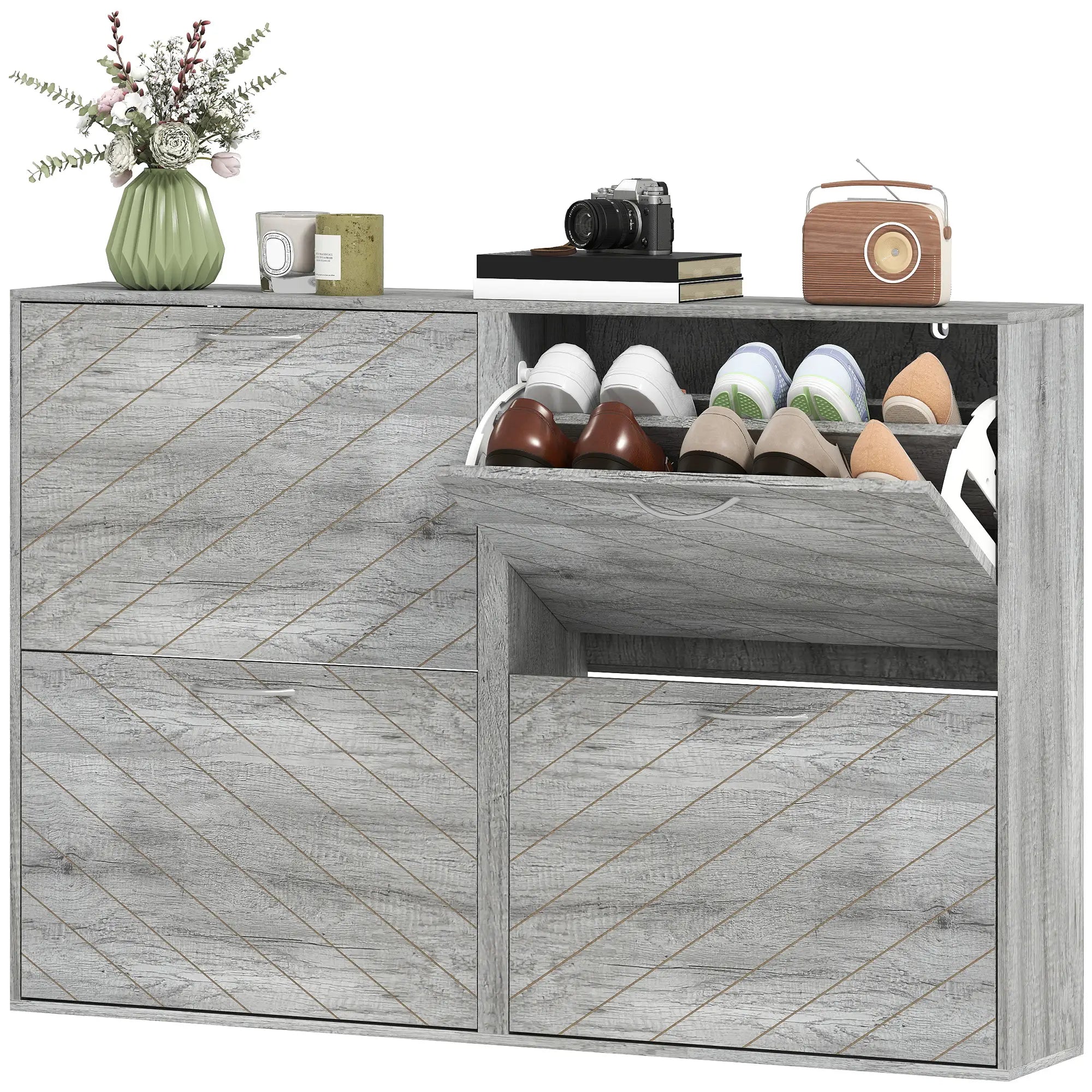 Shoe Storage Cabinet, 4 Flip Drawers, Narrow Slim, 12 Pair Organizer, Grey Shoe Storage Cabinets & Racks Grey at Gallery Canada