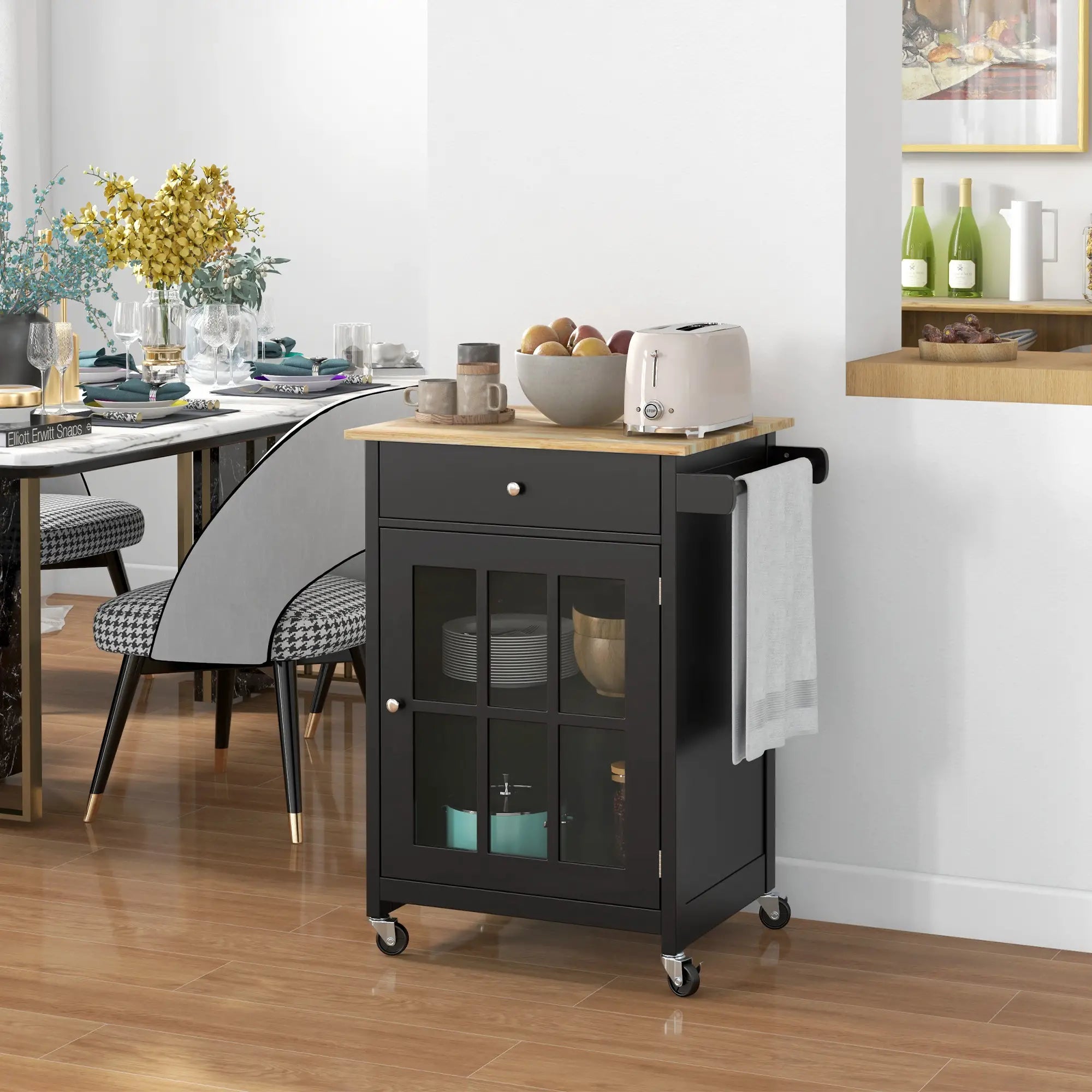 Rolling Kitchen Cart, Drawer and Glass Door Cabinet, Black Kitchen Islands & Kitchen Carts at Gallery Canada