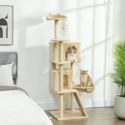 63 Inch Cat Tree, Sisal Scratching Posts, Condos, Perches, Hammock, Ladder, Beige