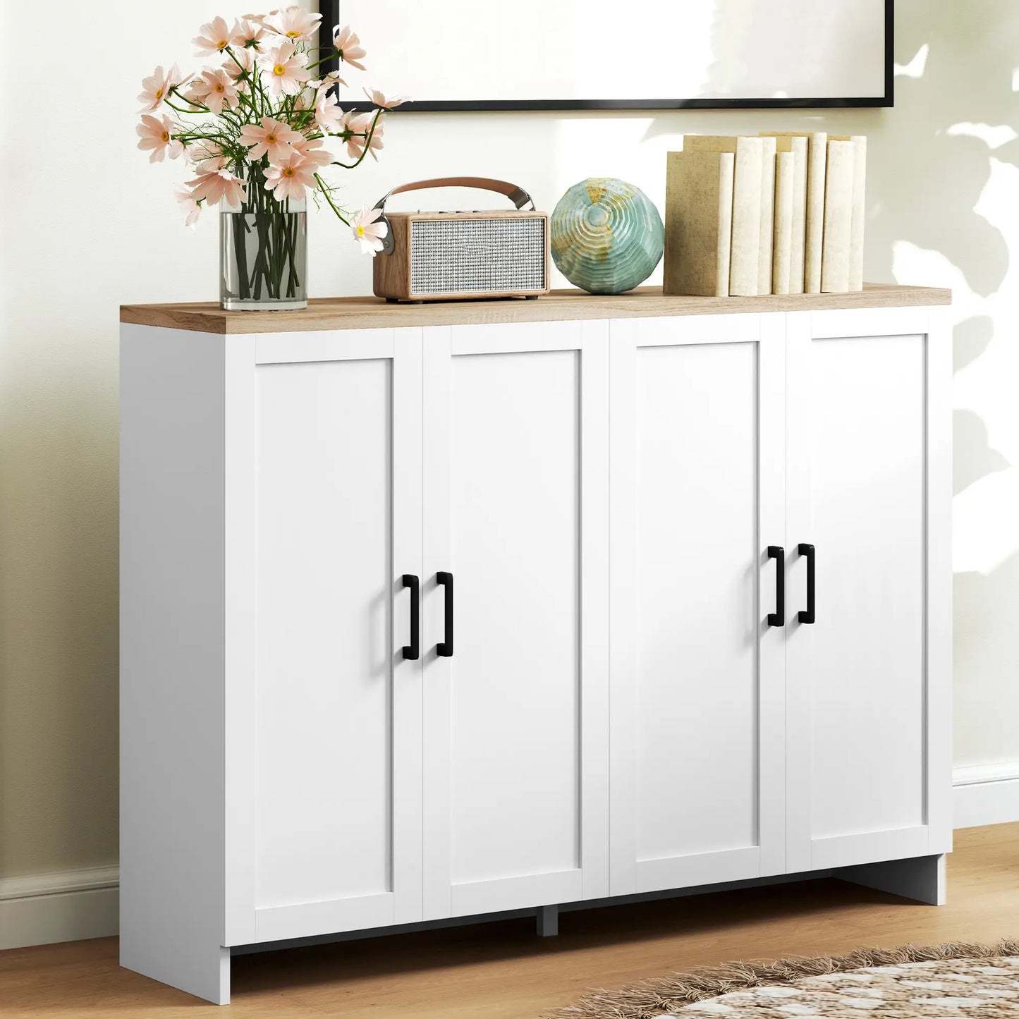 Modern Sideboard Buffet Cabinet, Modern Kitchen Storage Cabinet with 4 Doors Adjustable Shelves, for Dining Room, White Storage Cabinets at Gallery Canada
