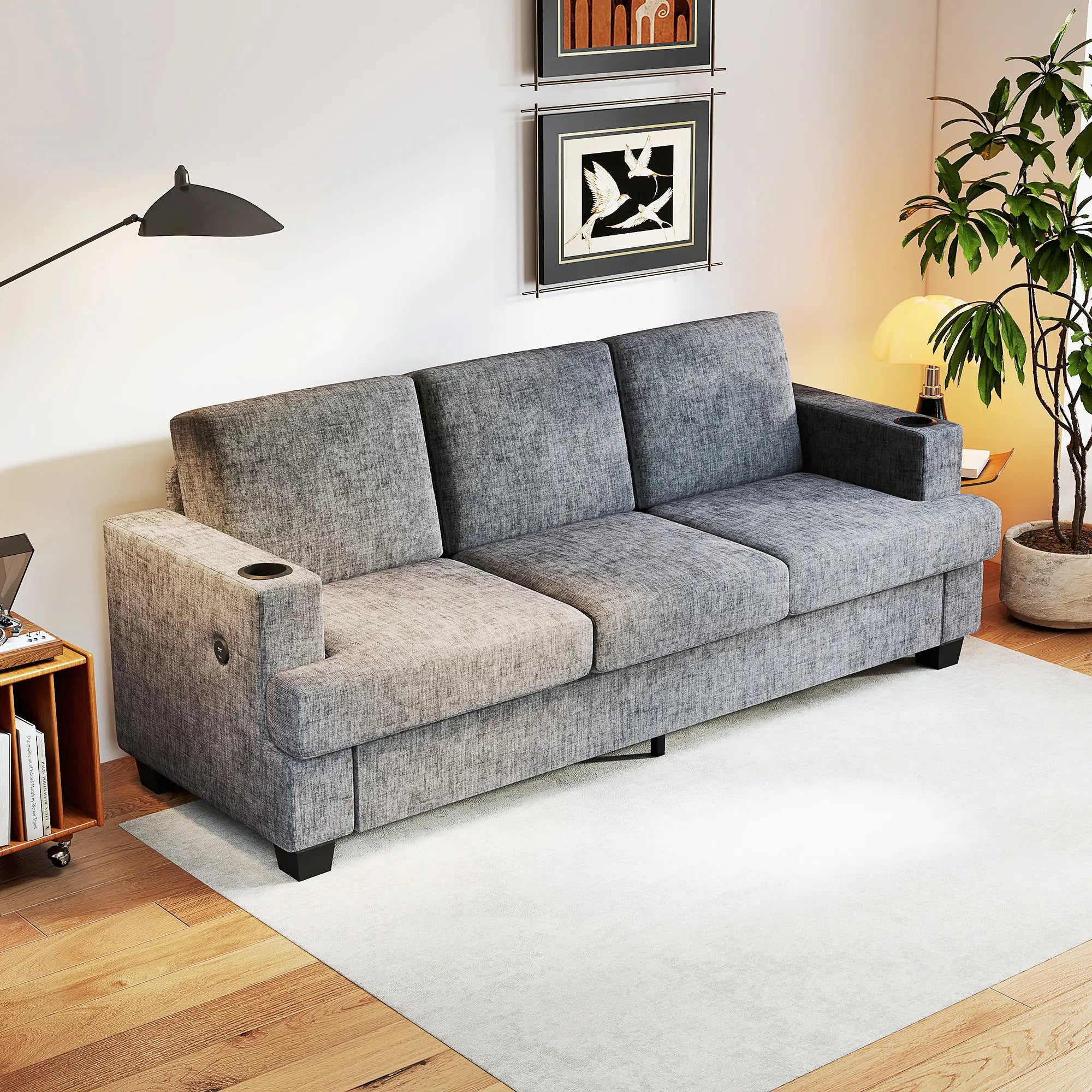 3 Seater Sofa with USB Ports, Cup Holders, Chenille Upholstery, Grey 3-Seater Sofas at Gallery Canada