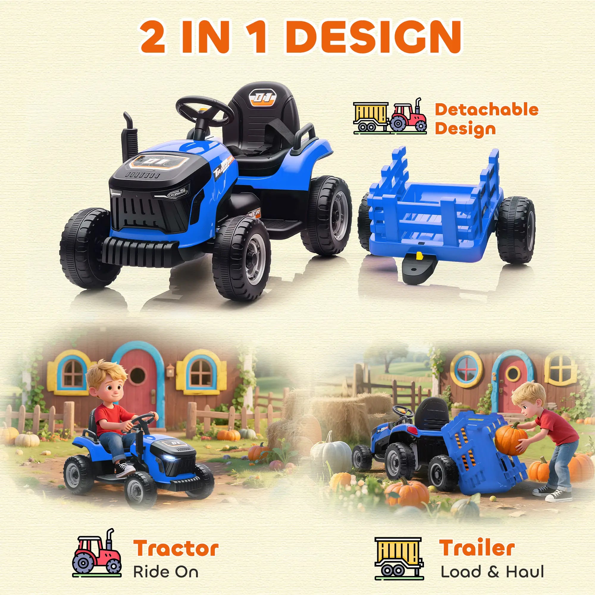 12V Kids Ride On Tractor with Trailer, Remote Control, Blue Toy Excavators at Gallery Canada