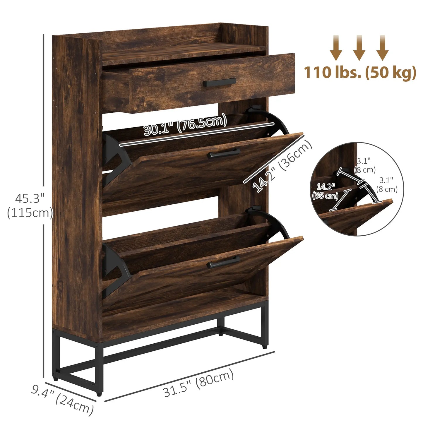 Slim Shoe Storage, 2 Flip Drawers, Adjustable Shelves, 12 Pair, Rustic Brown Shoe Storage Cabinets & Racks at Gallery Canada