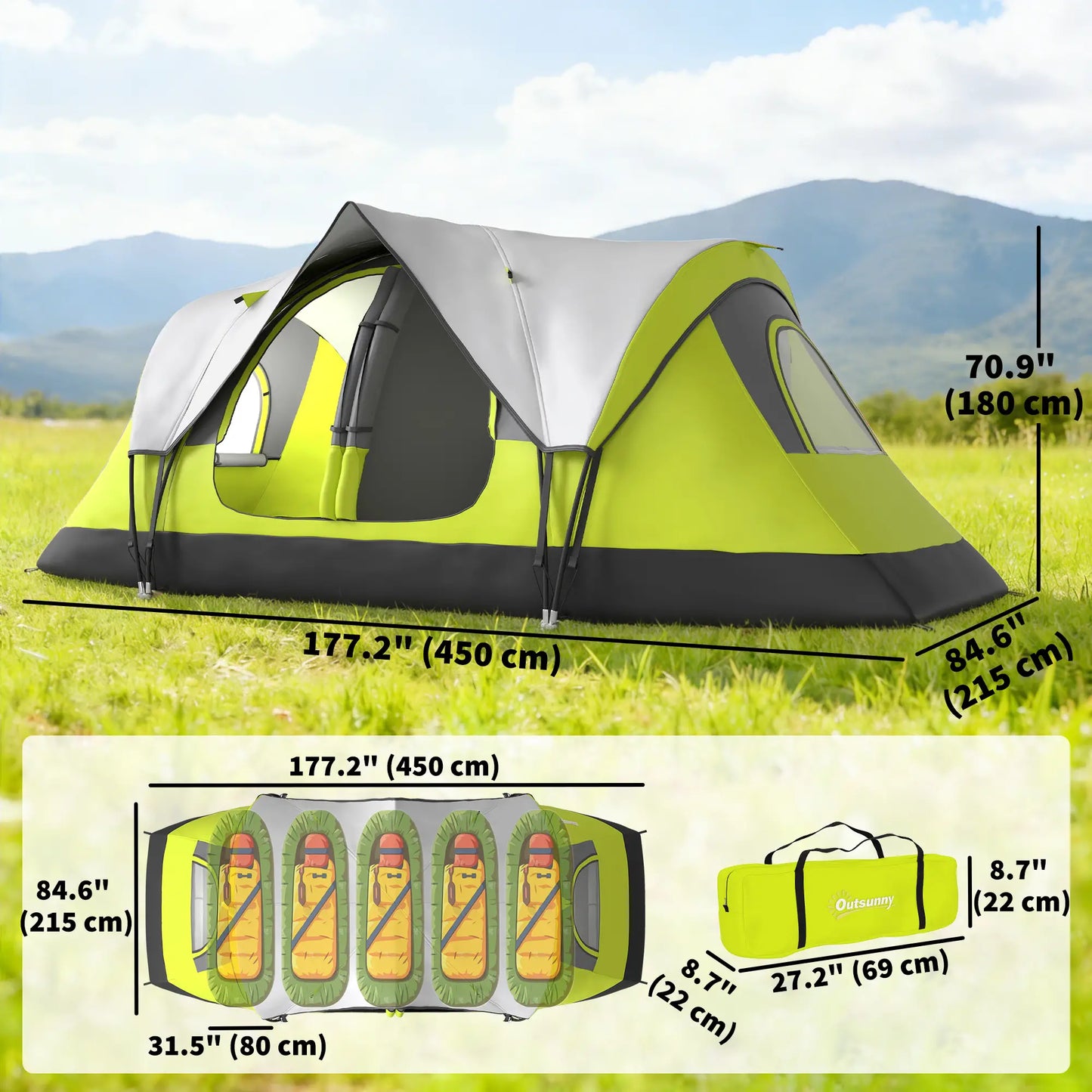 6-8 Person Camping Tent, 2000mm Waterproof Rainfly, Carry Bag, Green Camping Tents at Gallery Canada