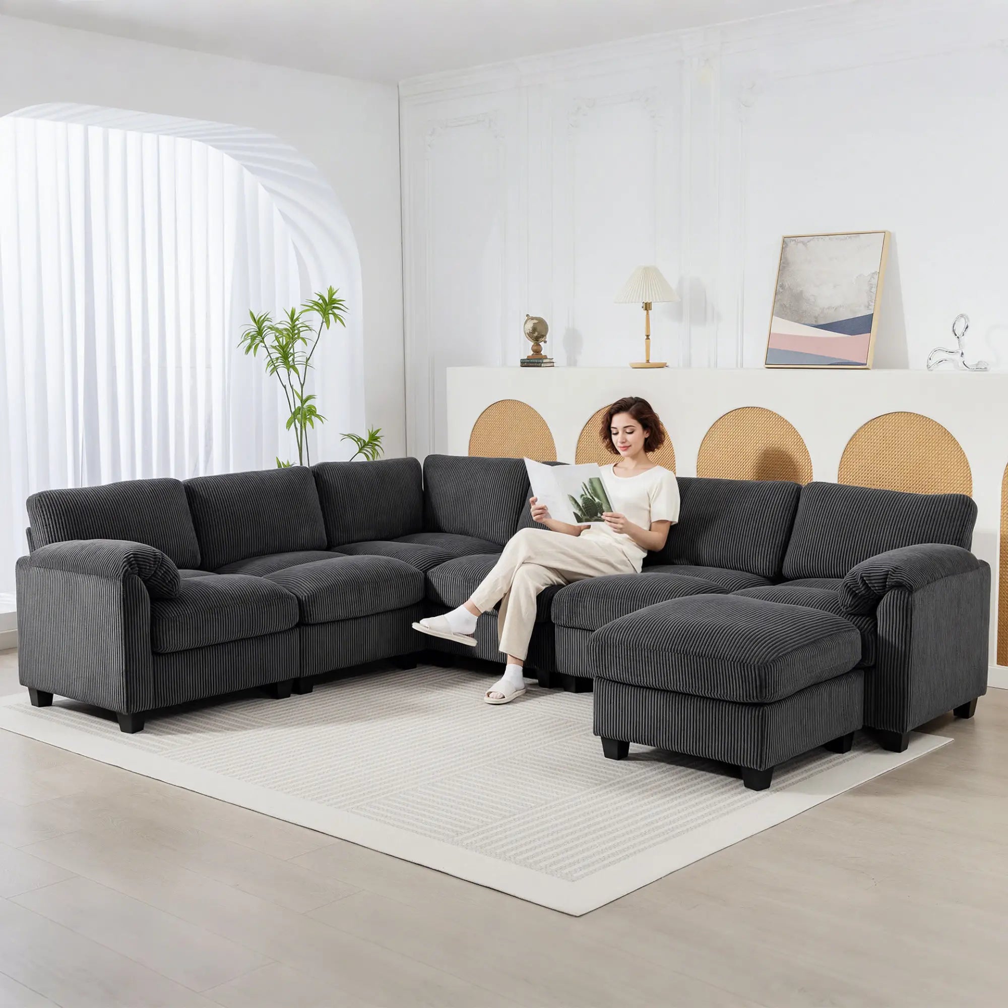 Modular Sectional Sofa, Oversized U-Shaped, Spring Cushion, Corduroy, Charcoal Grey 3-Seater Sofas at Gallery Canada