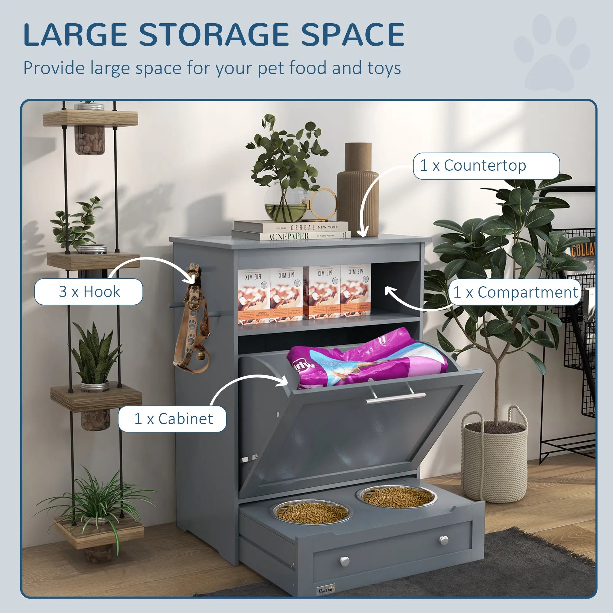 Pet Feeder Storage Cabinet, Dog Food Container with Bowls, Grey Dog Bowls at Gallery Canada