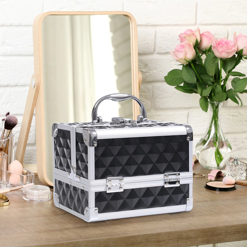 3 Tier Diamond Texture Makeup Train Case, Black