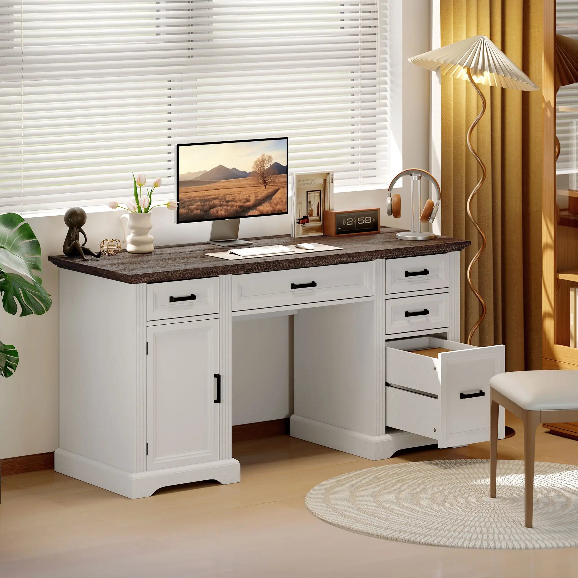 58 Inch Home Office Desk, Farmhouse Executive Desk with Drawers, White Computer Desks at Gallery Canada