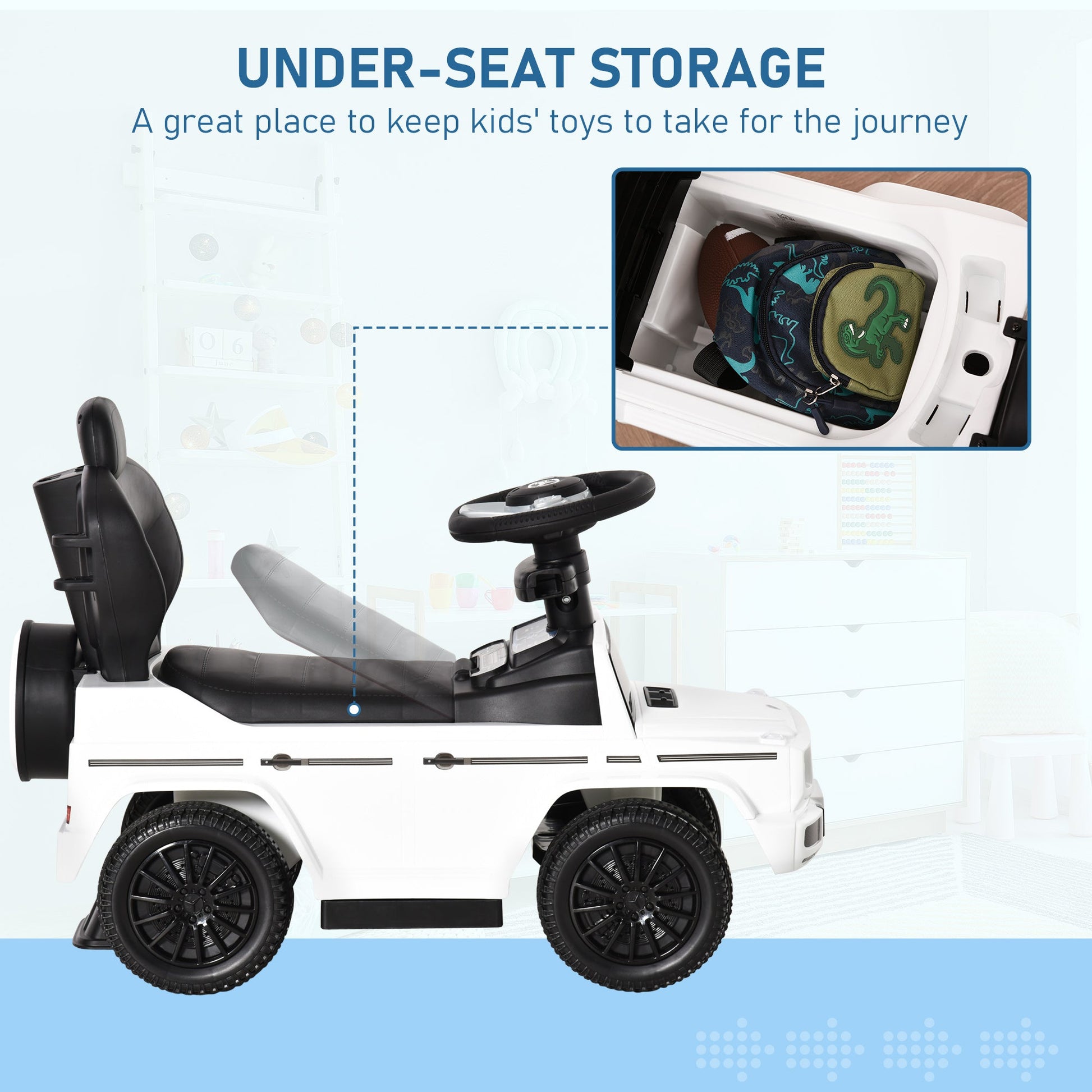 Compatible Ride-on Sliding Car G350 Walker Foot to Floor Slider Stroller Toddler Vehicle Push-Along with Horn Steering Wheel NO POWER Manual Under Seat Storage Safe Design, White - Gallery Canada