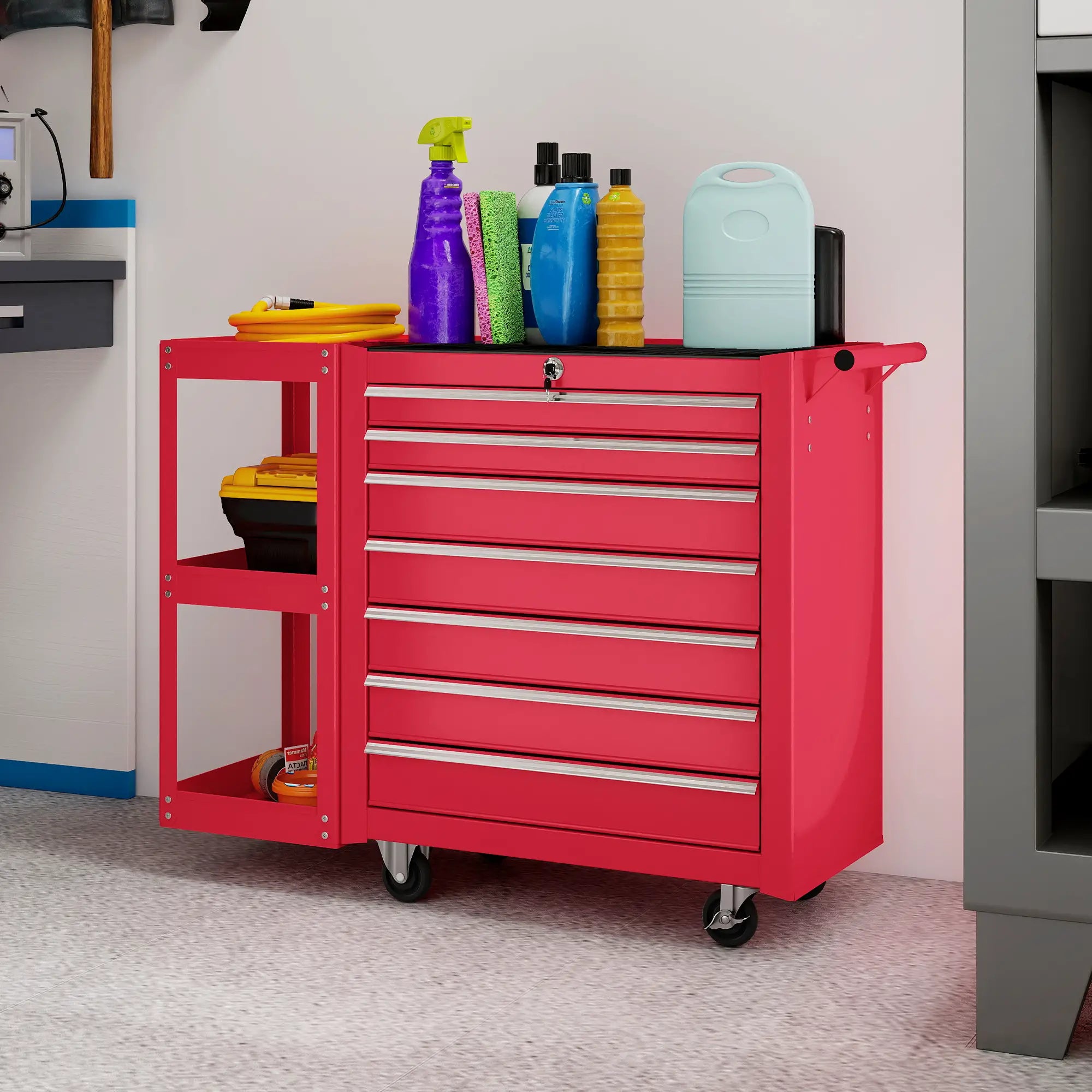 7-Drawer Rolling Tool Chest, Lockable Cabinet with Side Shelf, Red Tool Organizers at Gallery Canada