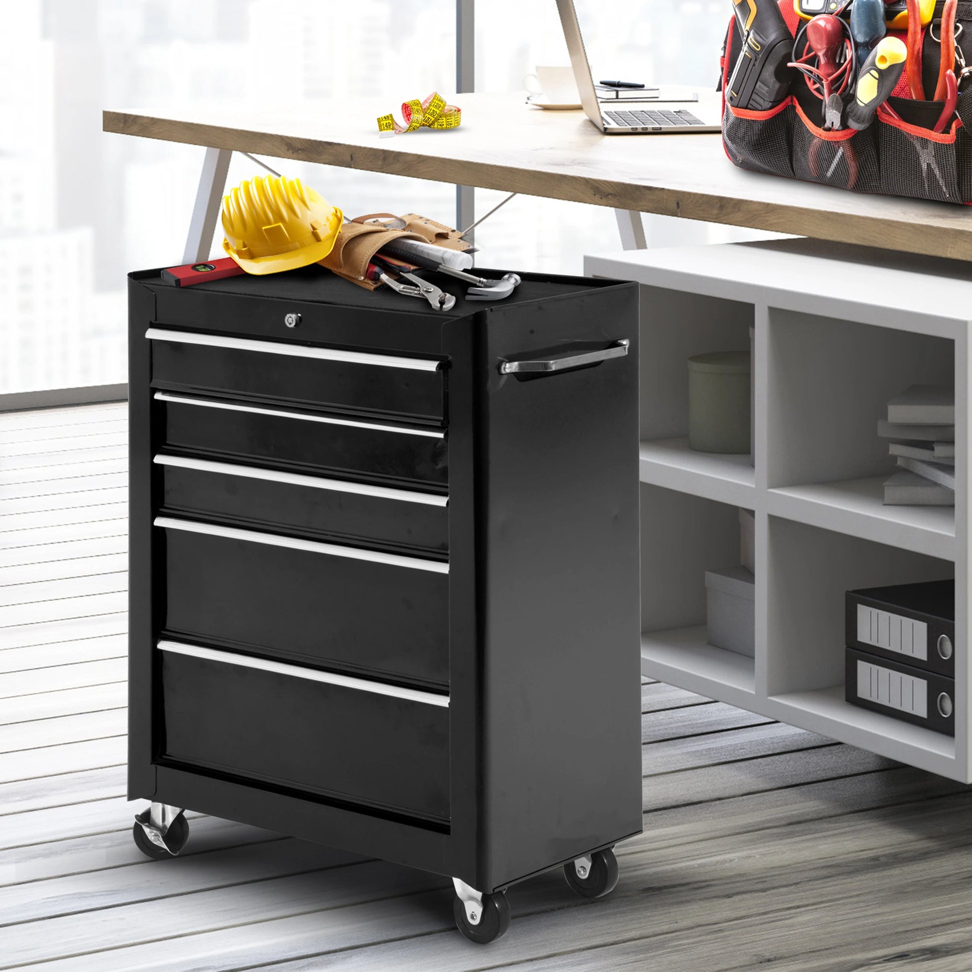 5-Drawer Rolling Tool Cabinet, Lockable Tool Chest, Black Tool Organizers at Gallery Canada