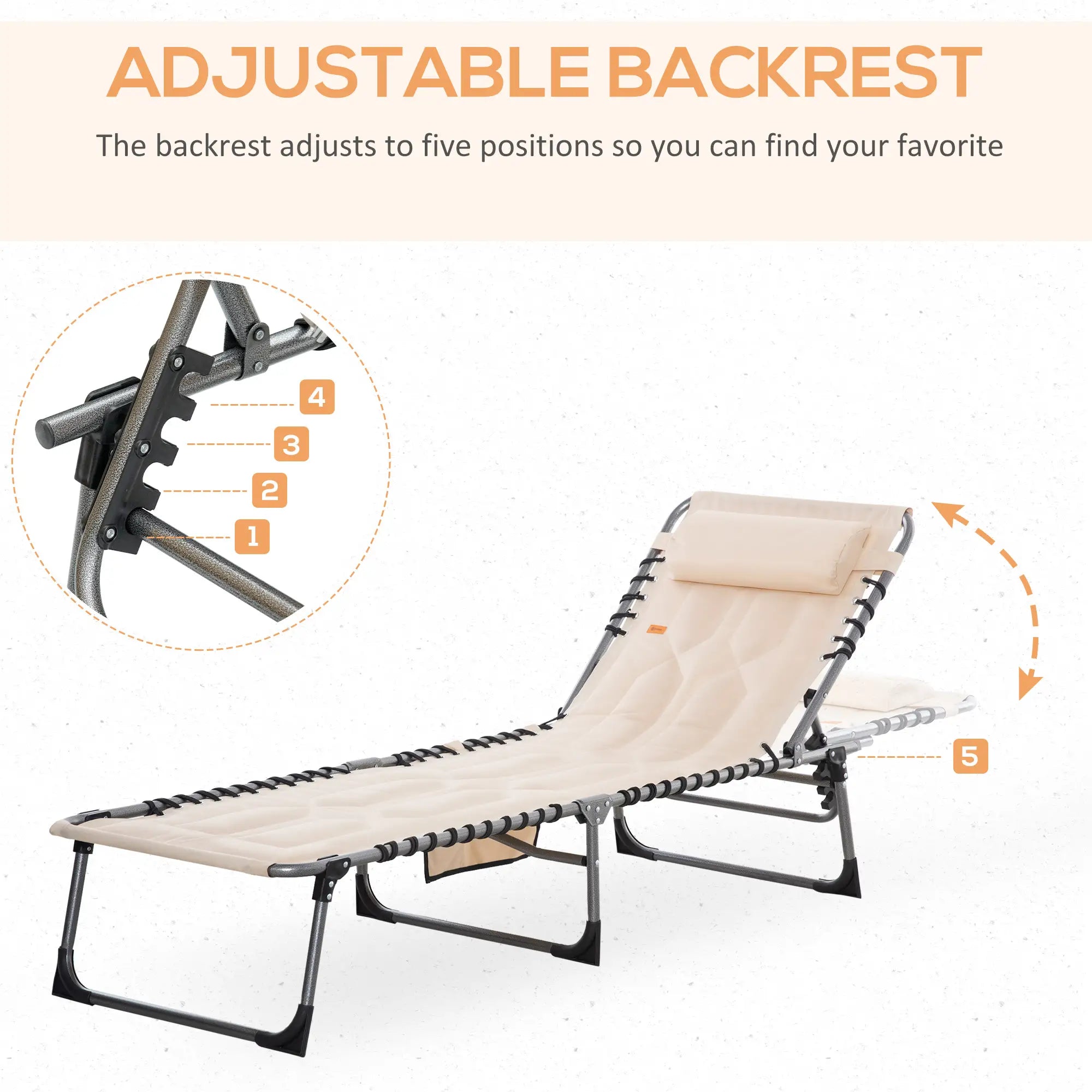 Outdoor Lounge Chair, Folding Chaise, Padded Tanning Chair, 5-Position Adjustable, Beige Lounger Chairs at Gallery Canada