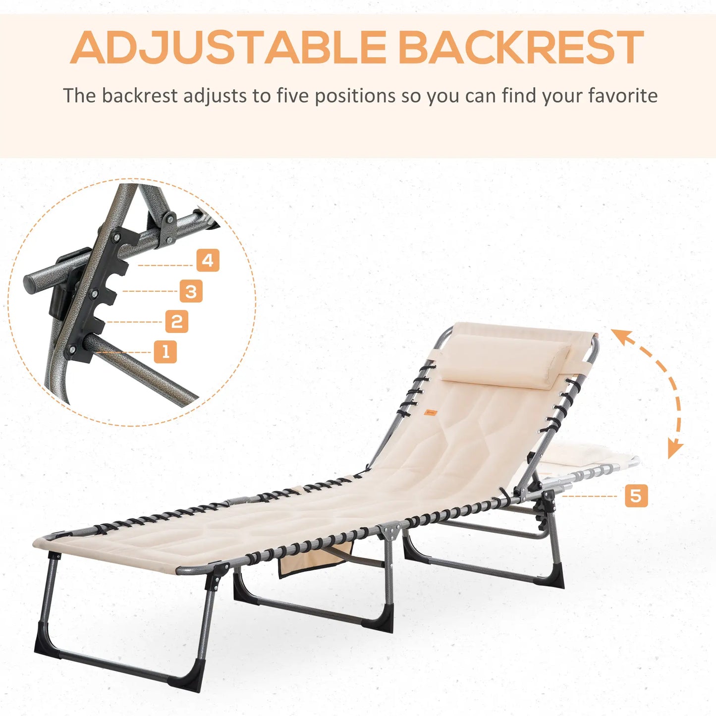 Outdoor Lounge Chair, Folding Chaise, Padded Tanning Chair, 5-Position Adjustable, Beige Lounger Chairs at Gallery Canada