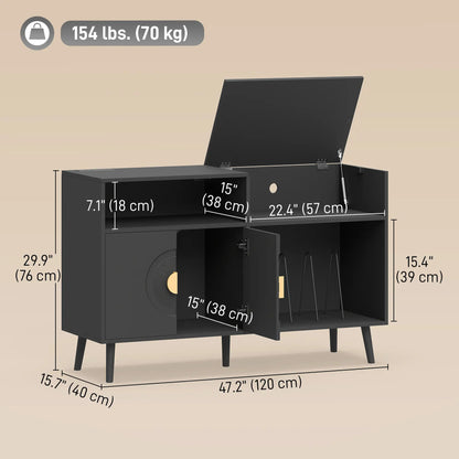 Record Player Stand with Outlets, Vinyl Storage Holds 300 Albums, Black
