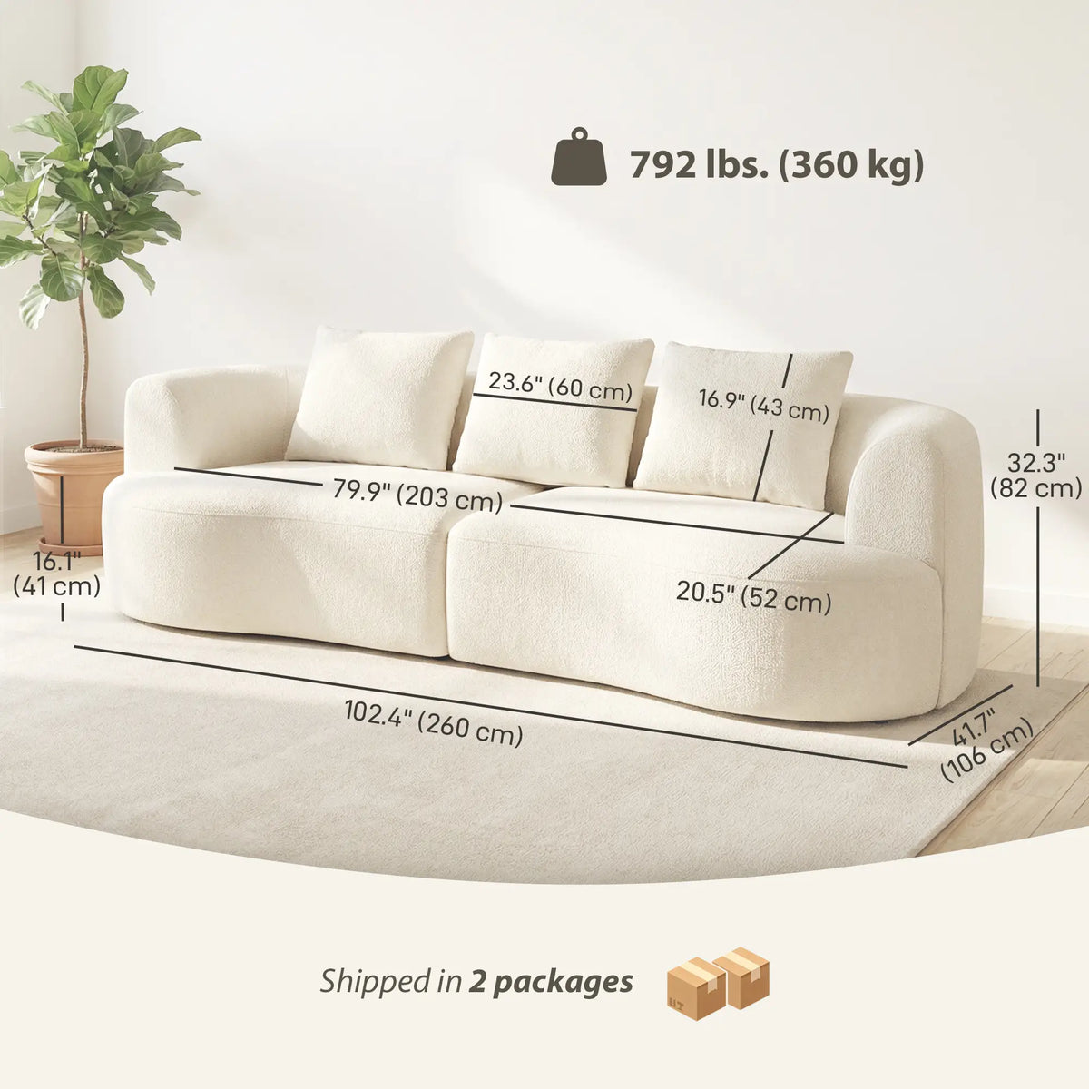 3 Seater Sofa, 102" Cream White, Chenille Couch With Spring Cushions, Cream White 3-Seater Sofas at Gallery Canada