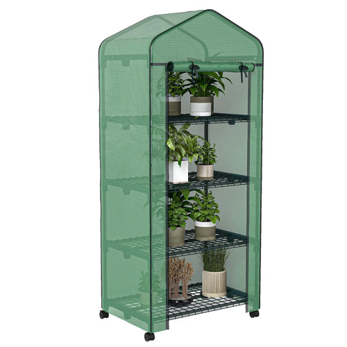 Portable Greenhouse, 4 Tier Shelves, PE Cover, Green