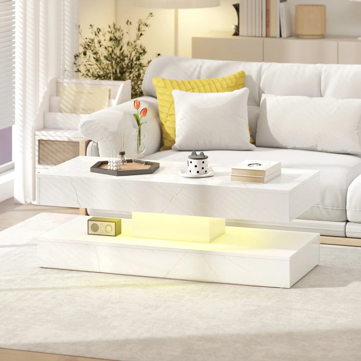 Adjustable LED Coffee Table, 2 Drawers, Open Shelf, Remote, White Coffee Tables at Gallery Canada