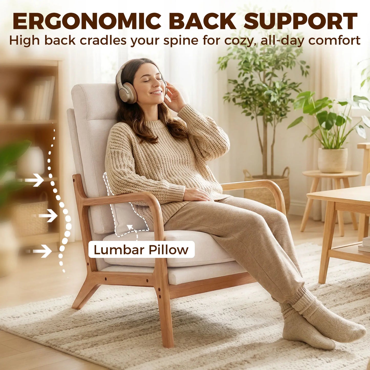 Modern Accent Chair, Linen Armchair with Lumbar Pillow, High Back, Wide Seat, Thick Cushion, Solid Wood Frame, Cream White Accent Chairs at Gallery Canada
