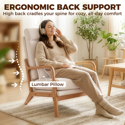 Modern Accent Chair, Linen Armchair with Lumbar Pillow, High Back, Wide Seat, Thick Cushion, Solid Wood Frame, Cream White Accent Chairs at Gallery Canada