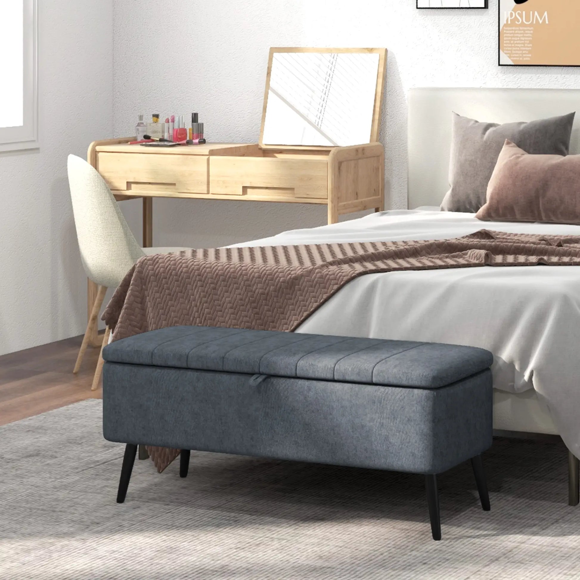 40" Ottoman with Storage, Linen Upholstered Bench, Dark Grey Storage Ottomans & Benches at Gallery Canada