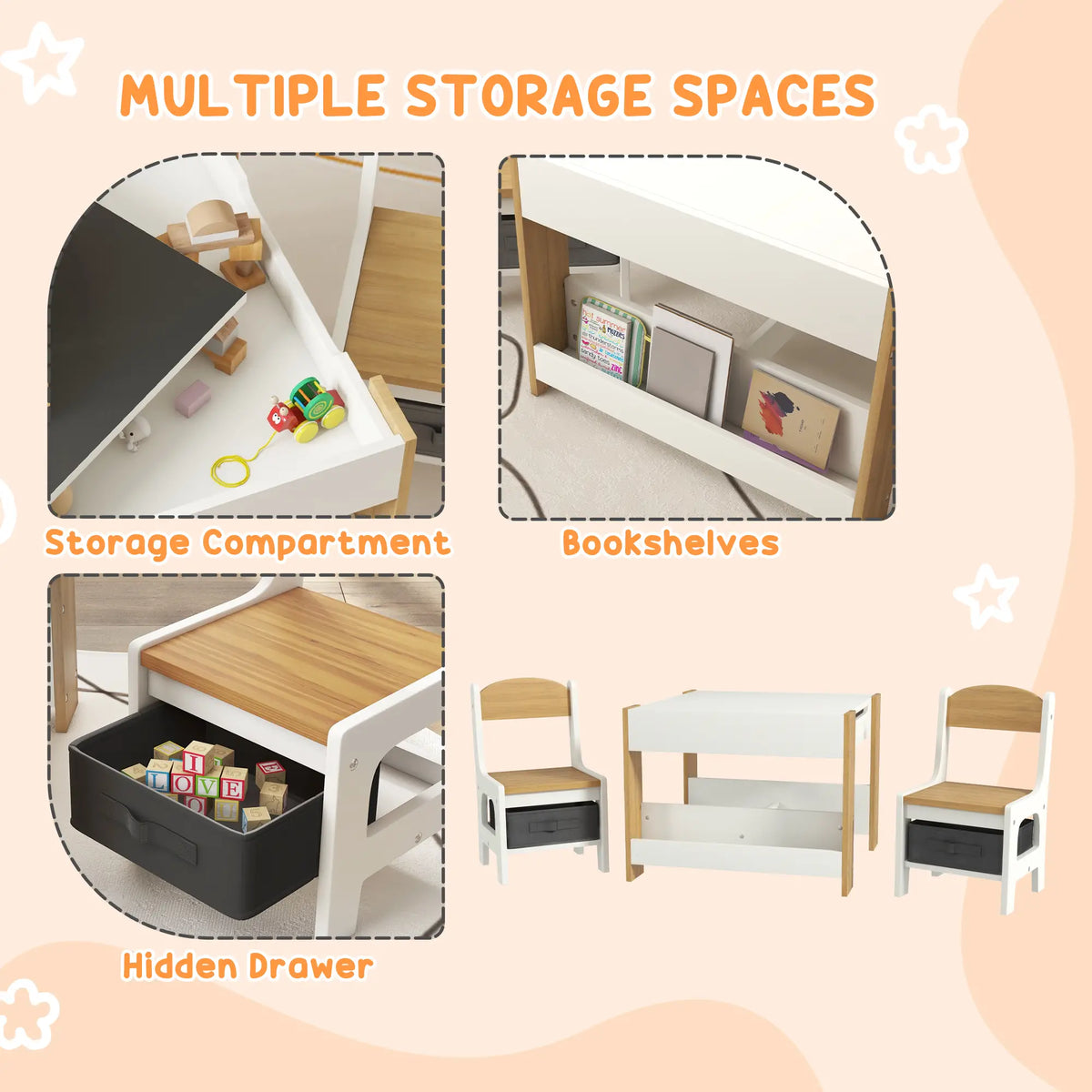 3 Piece Kids Table and Chair Set, Reversible Tabletop, Blackboard, Storage, Bookshelf, Natural Kids Table Sets at Gallery Canada