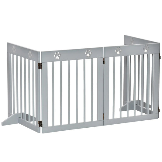 Freestanding Pet Gate, 4 Panel Wooden Dog Barrier, Light Grey Houses, Kennels & Pens Light Grey at Gallery Canada