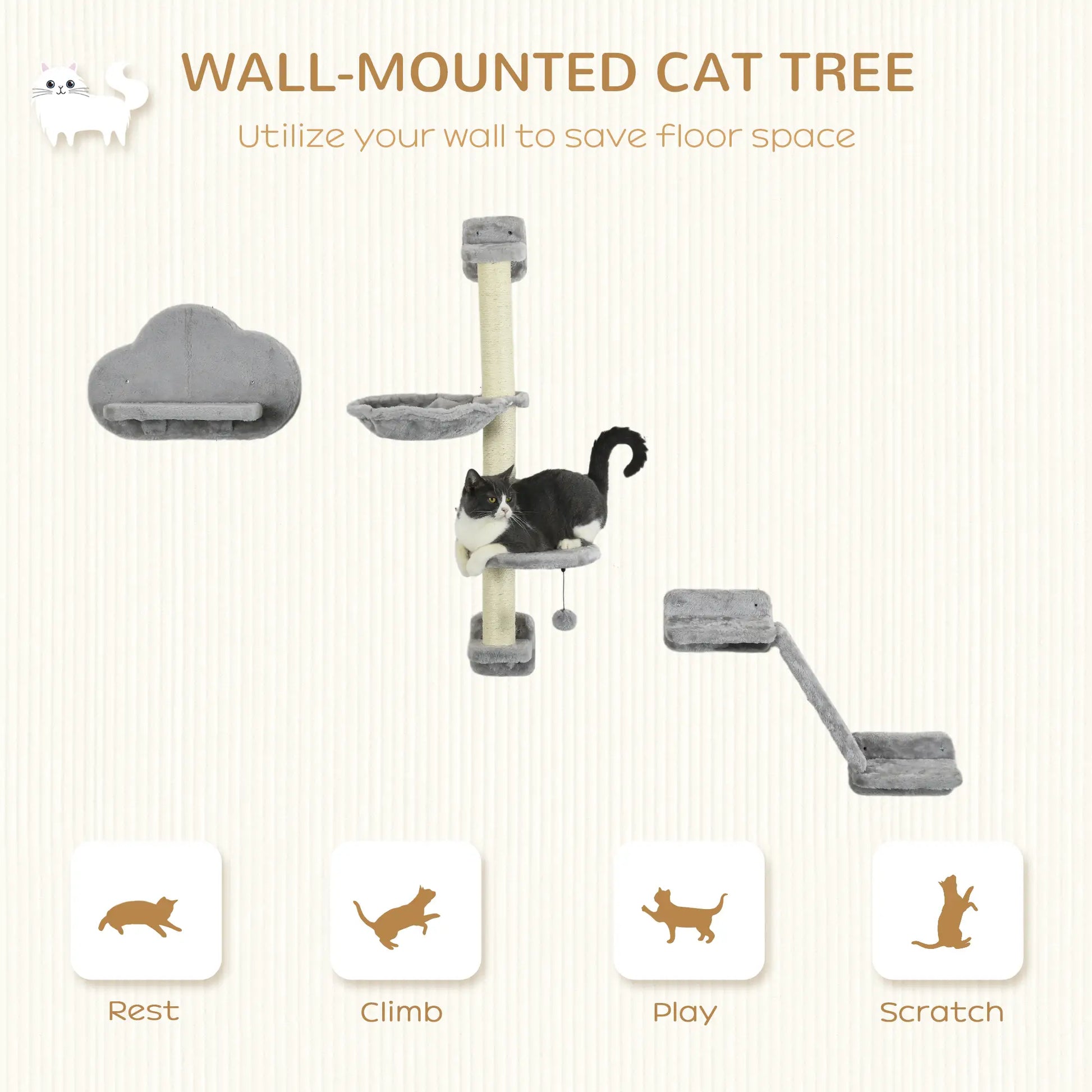 3PCs Cat Shelves, Hammock, Scratching Posts, Platforms, Grey Cat Climbing Wall at Gallery Canada