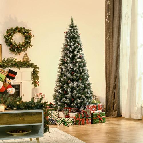 6ft Flocked Christmas Tree, Red Berries Pine Cones, Pencil Shape, Green