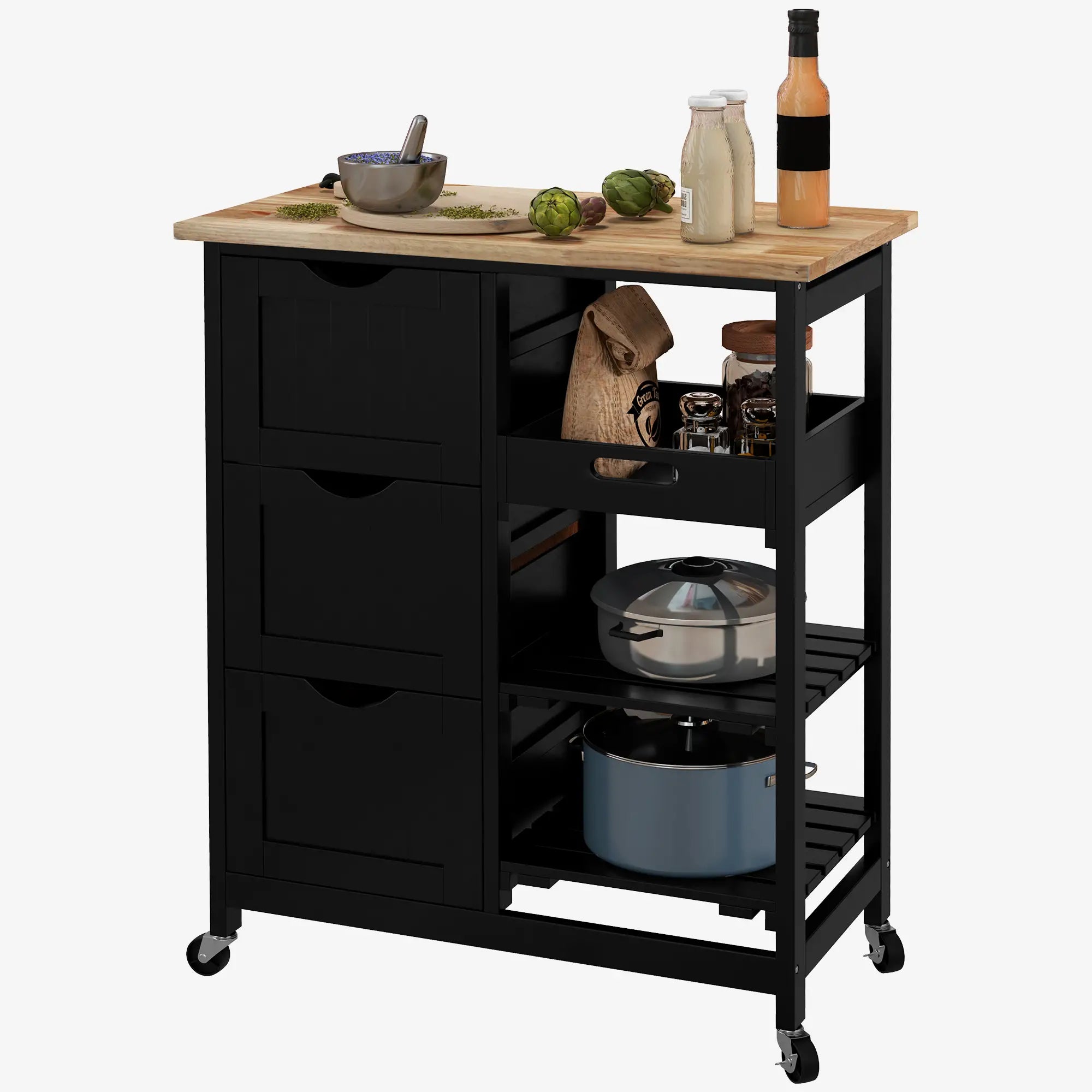 Kitchen Cart on Wheels, Wood Top, 3 Drawers, Shelves, Black Kitchen Islands & Kitchen Carts Black at Gallery Canada