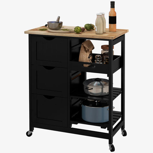 Kitchen Cart on Wheels, Wood Top, 3 Drawers, Shelves, Black Kitchen Islands & Kitchen Carts Black at Gallery Canada