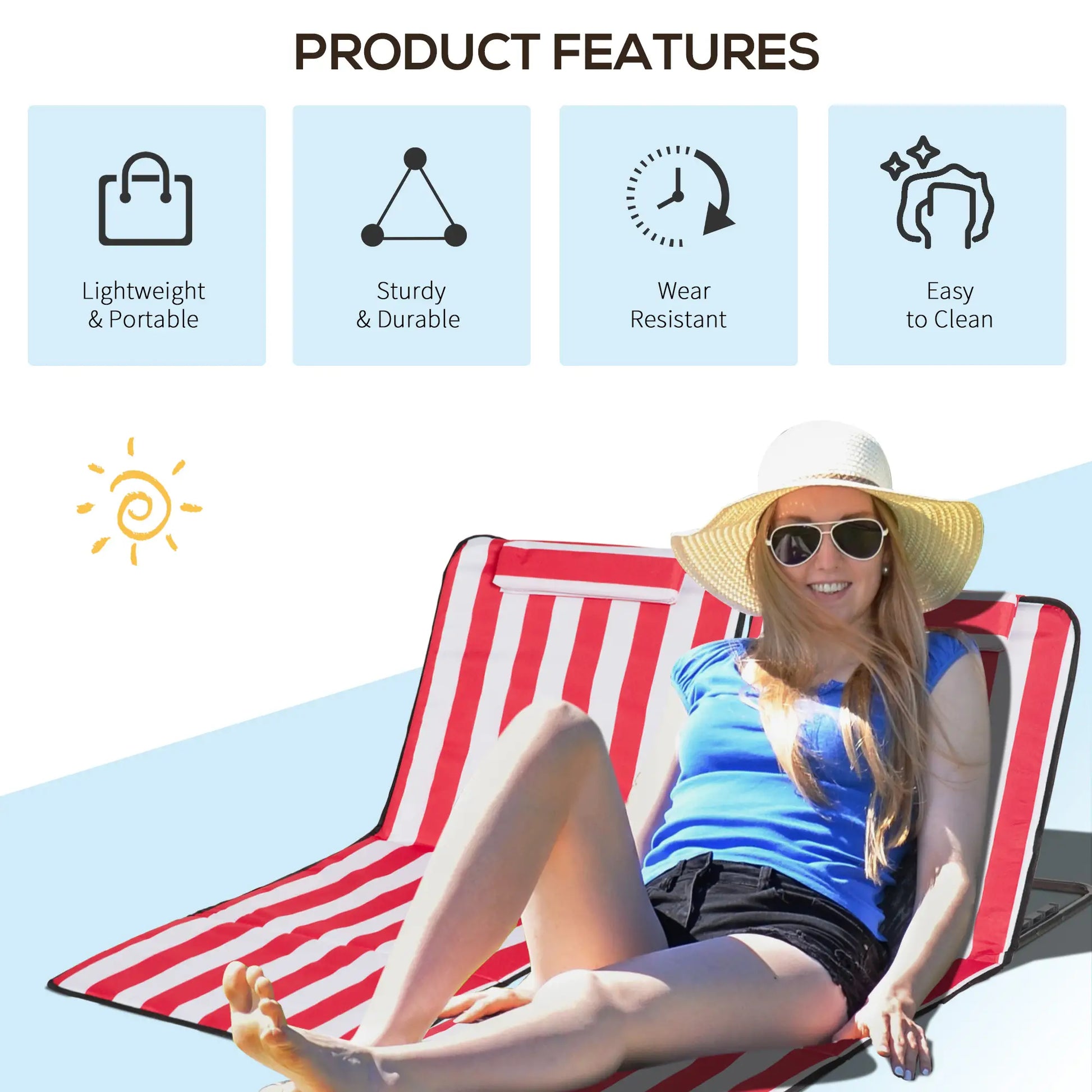 Beach Lounge Chair Set, Folding Mat w/ Adjustable Back, Steel Frame, Head Pillow, Carry Bag, Red and White Beach Accessories at Gallery Canada