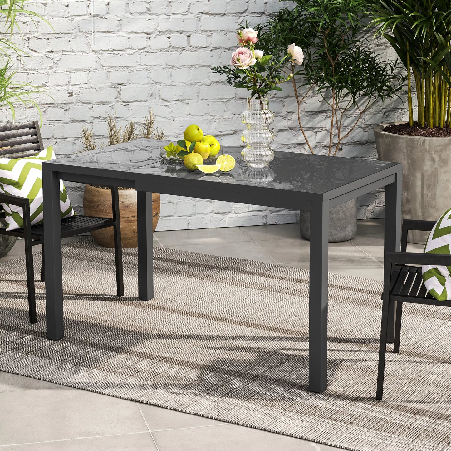 Adjustable Outdoor Dining Table, 33.5"-49.2", Tempered Glass Top, Metal Frame, Dark Grey Patio Dining Tables at Gallery Canada