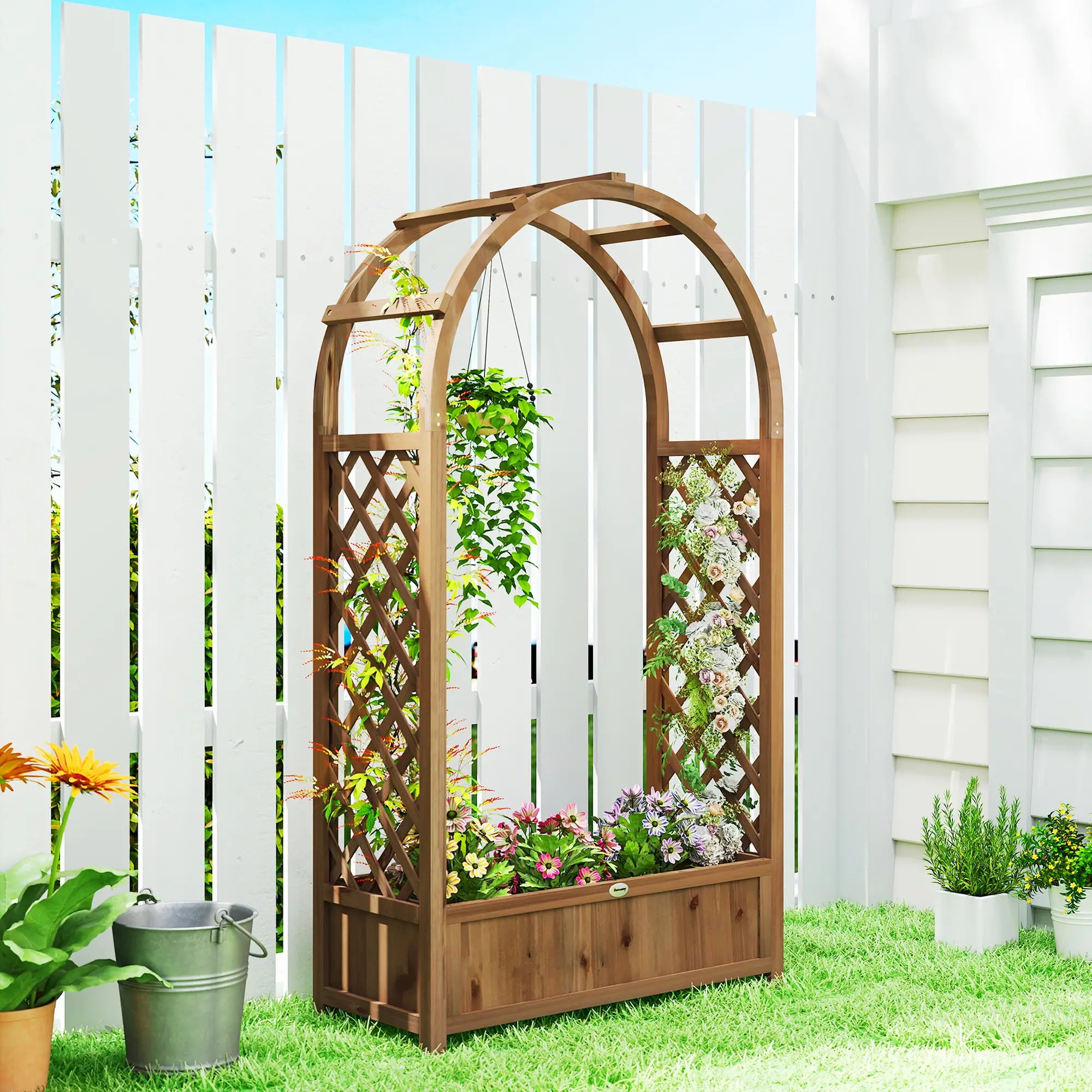 Raised Garden Bed With Arch Trellis, Planter Box, Dark Brown Wood Effect, Dark Brown Wooden Planter Boxes at Gallery Canada