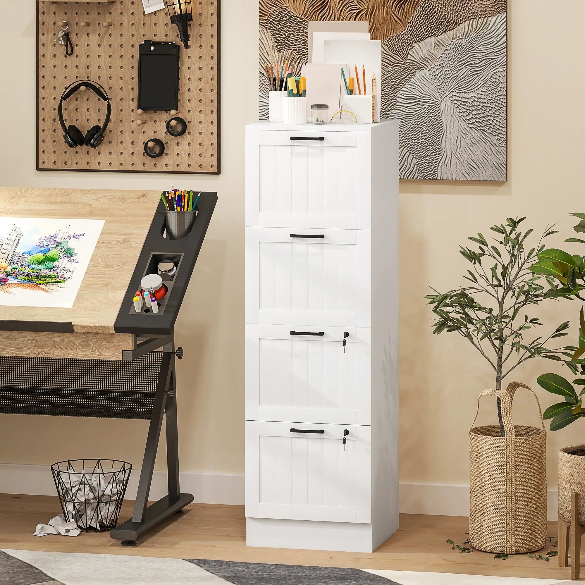 4 Drawer Filing Cabinet with Lock, Office Storage, A4 Letter Size, White Office Cabinets & Cupboards at Gallery Canada