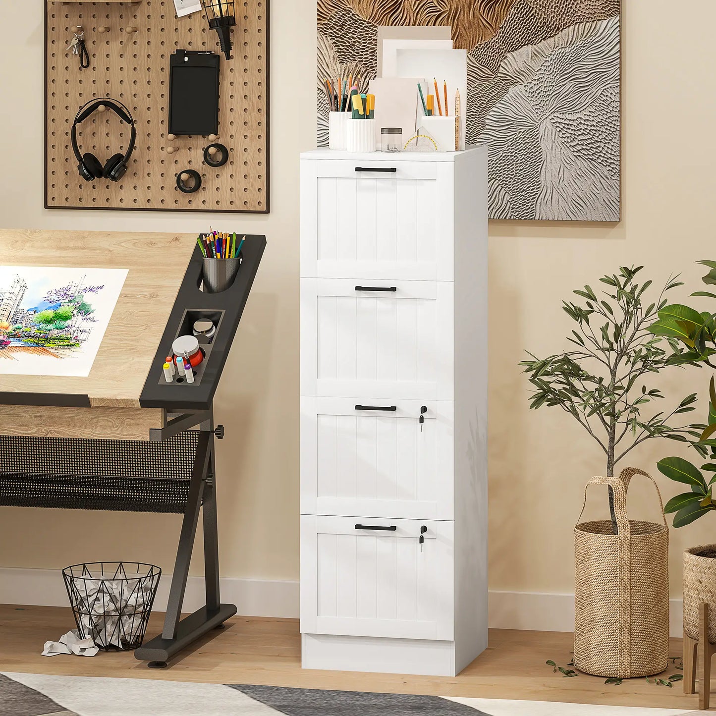 4 Drawer Filing Cabinet with Lock, Office Storage, A4 Letter Size, White Office Cabinets & Cupboards at Gallery Canada